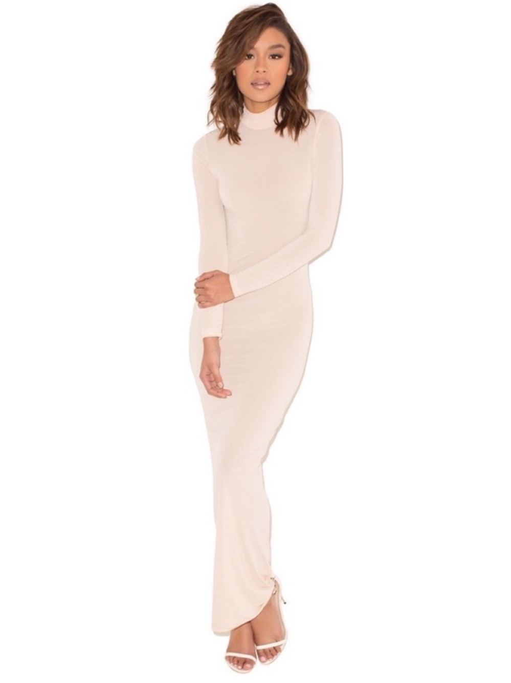 Mistress Rocks Womens Long Sleeve Turtleneck see through mesh Dress in Blush